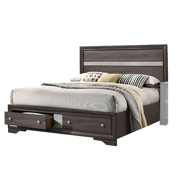 Benjara Brown and Silver Wooden Frame Queen Platform Bed with Plank Headboard and 2 Drawers