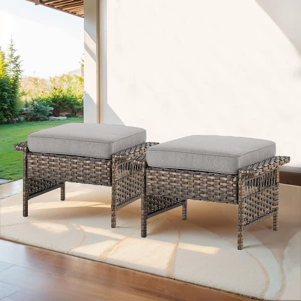 moosprr Brown Wicker Outdoor Ottoman with Gray Cushions (2-Pack)
