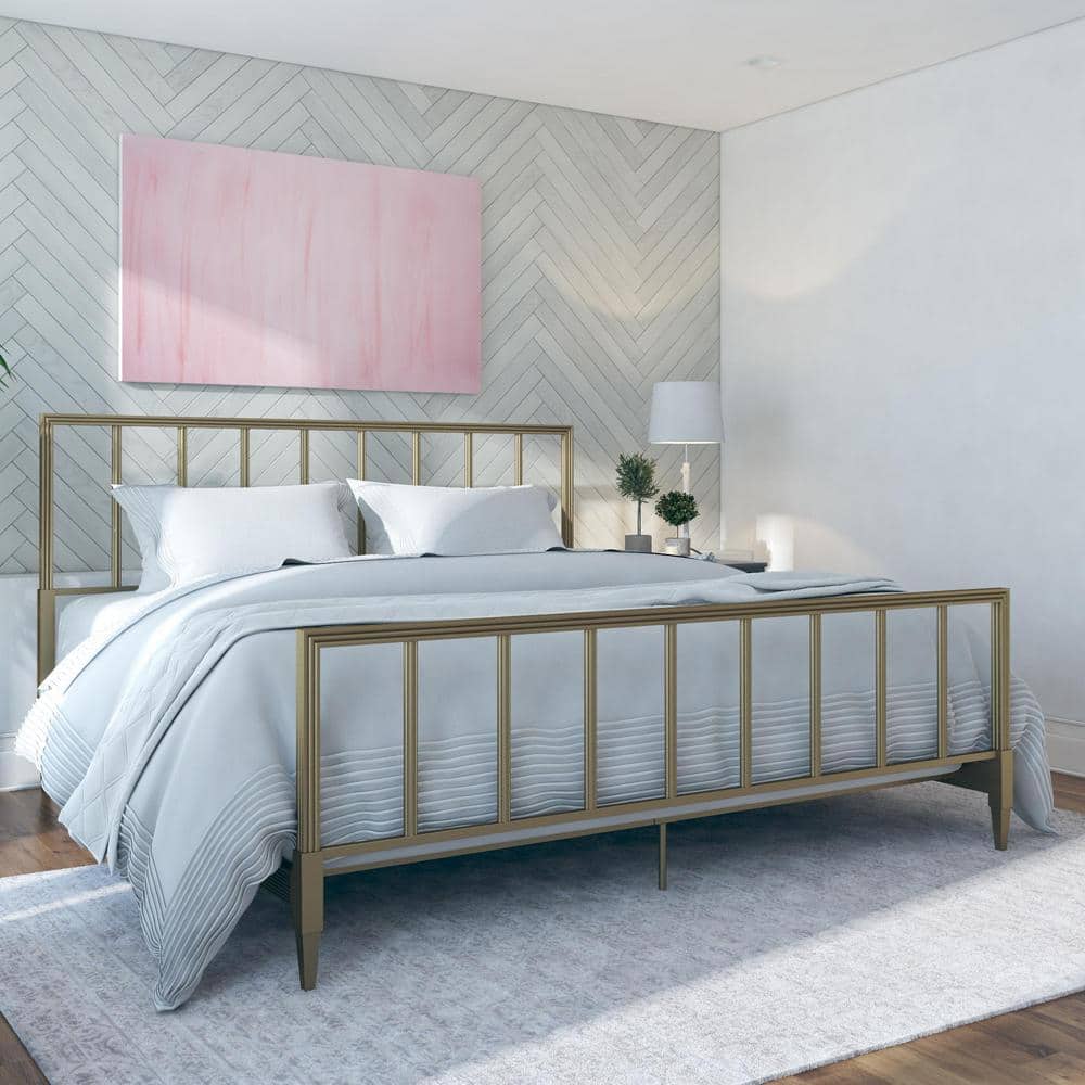 Blair King Size Golden Brass Metal Bed with Engraved Headboard