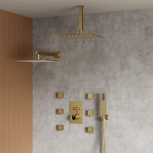 Thermostatic Valve 15-Spray 12 in. Square Ceiling Mount Dual Shower Head Shower System with 6-Jet in Brushed Gold