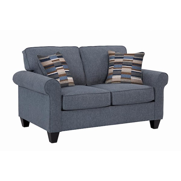 American Furniture Classics Eureka Series 60 in. Blue Fabric 2-Seater Loveseat with Two Throw Pillows