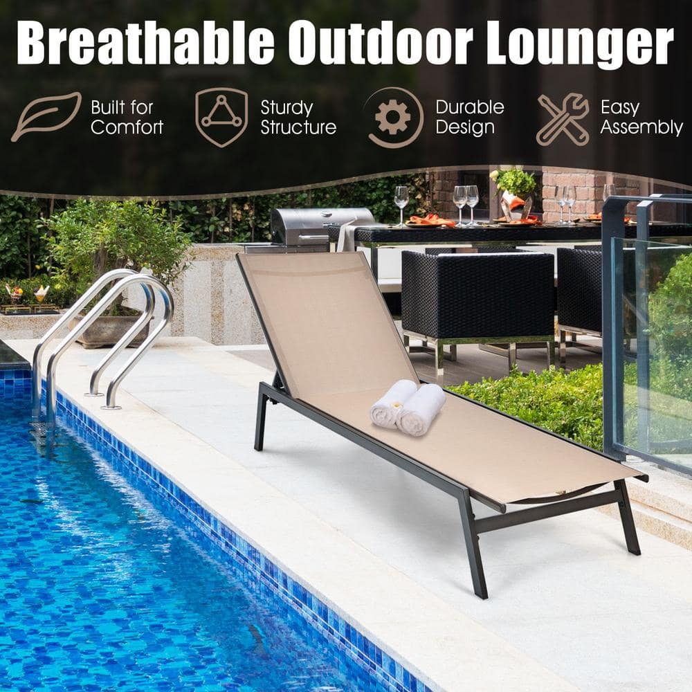 Brown Steel Outdoor Chaise Lounger with Adjustable Backrest