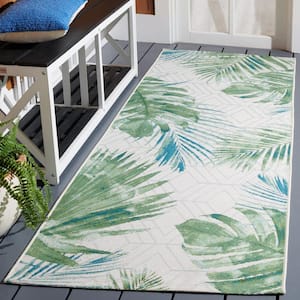 Barbados Green/Teal 3 ft. x 8 ft. Runner Geometric Leaf Indoor/Outdoor Area Rug