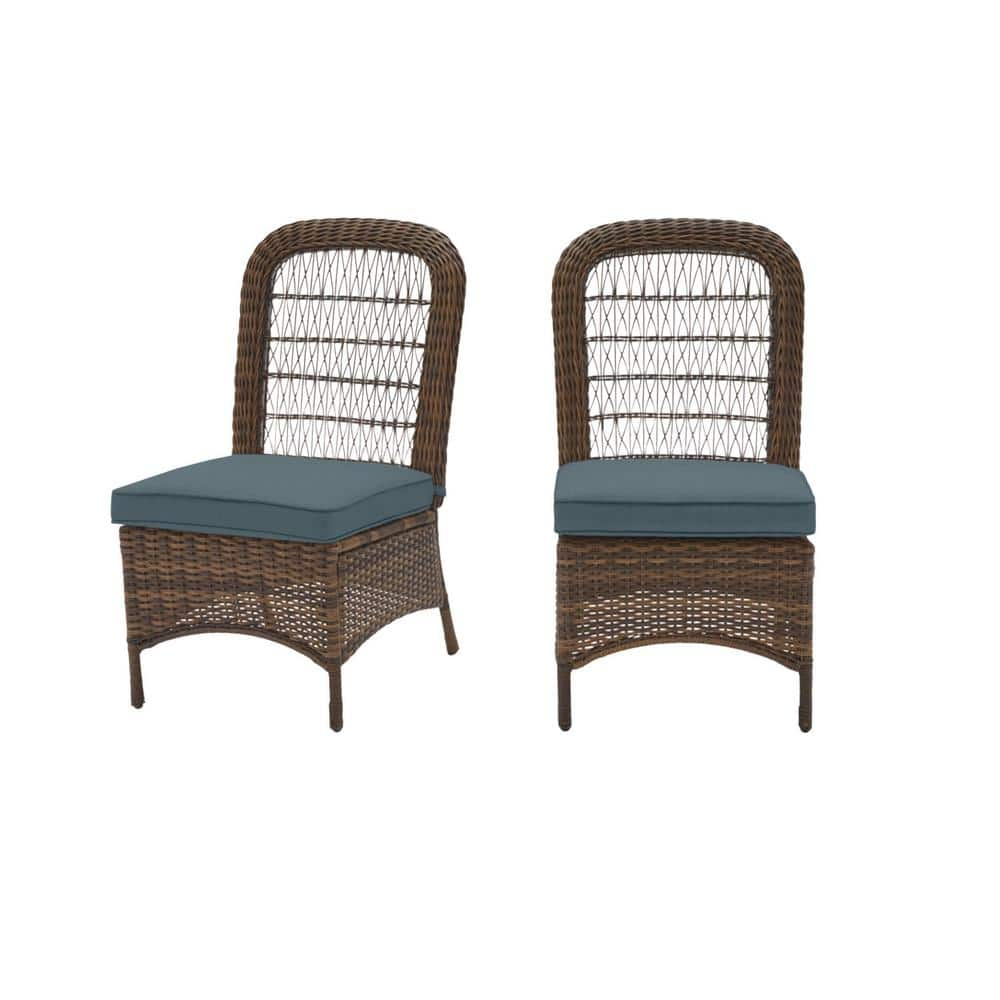 Beacon Park Brown Wicker Outdoor Patio Armless Dining Chair with Sunbrella Denim Blue Cushions (2-Pack) -  Hampton Bay, H012-01212300