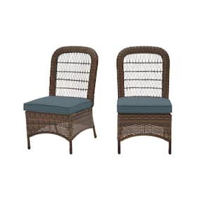 Beacon Park Brown Wicker Outdoor Patio Armless Dining Chair with Sunbrella Denim Blue Cushions (2-Pack)