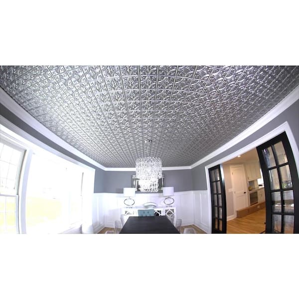 Gothic Reams Metallic Silver 2 ft. x 2 ft. Glue Up PVC Faux Tin Ceiling Tile (100 sq. ft./case)