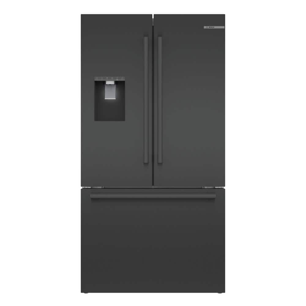 Bosch 500 Series 26 cu ft 3-Door French Door Refrigerator in Black Stainless Steel with Ice and Water, Freezer, Standard Depth