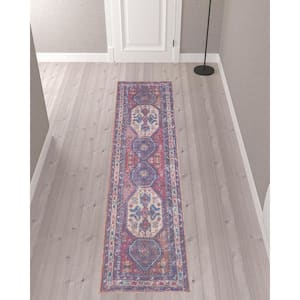 10 ft. Blue and Red Floral Power Loom Distressed Washable Runner Rug
