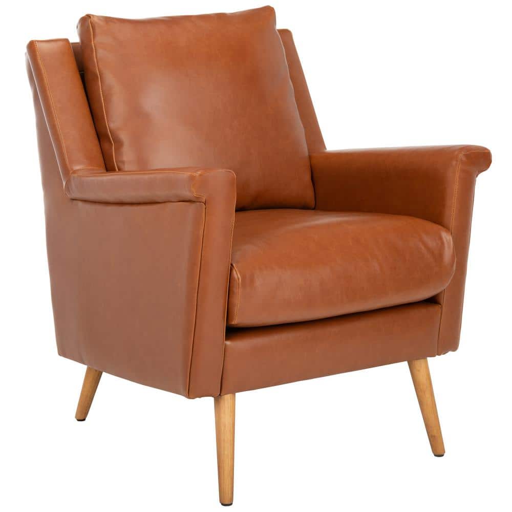 Cognac Faux Leather and Wood Mid-Century Accent Chair