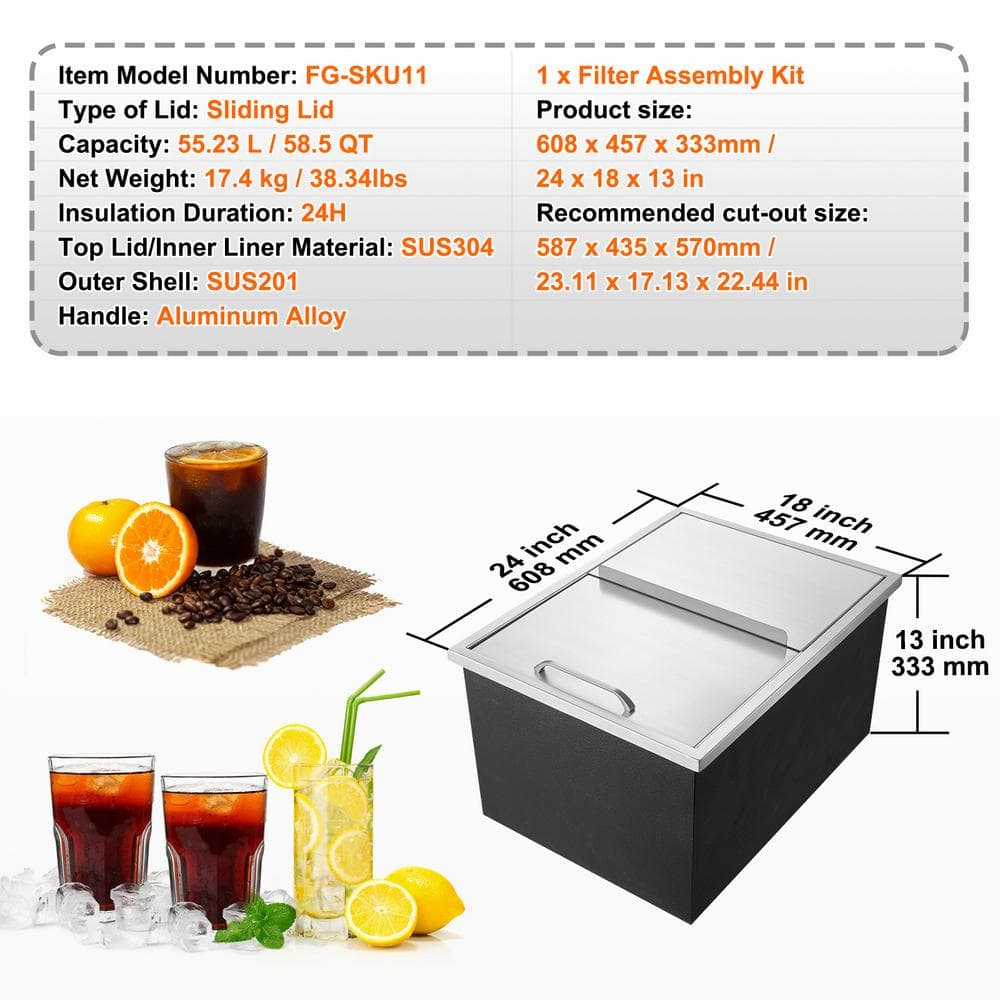 Skyshalo 24" Stainless Steel Drop-In Ice Chest with Cover