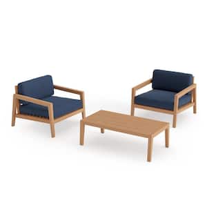 Rhodes 3 Piece Teak Outdoor Patio Conversation Set with Spectrum Indigo Cushions & Coffee Table