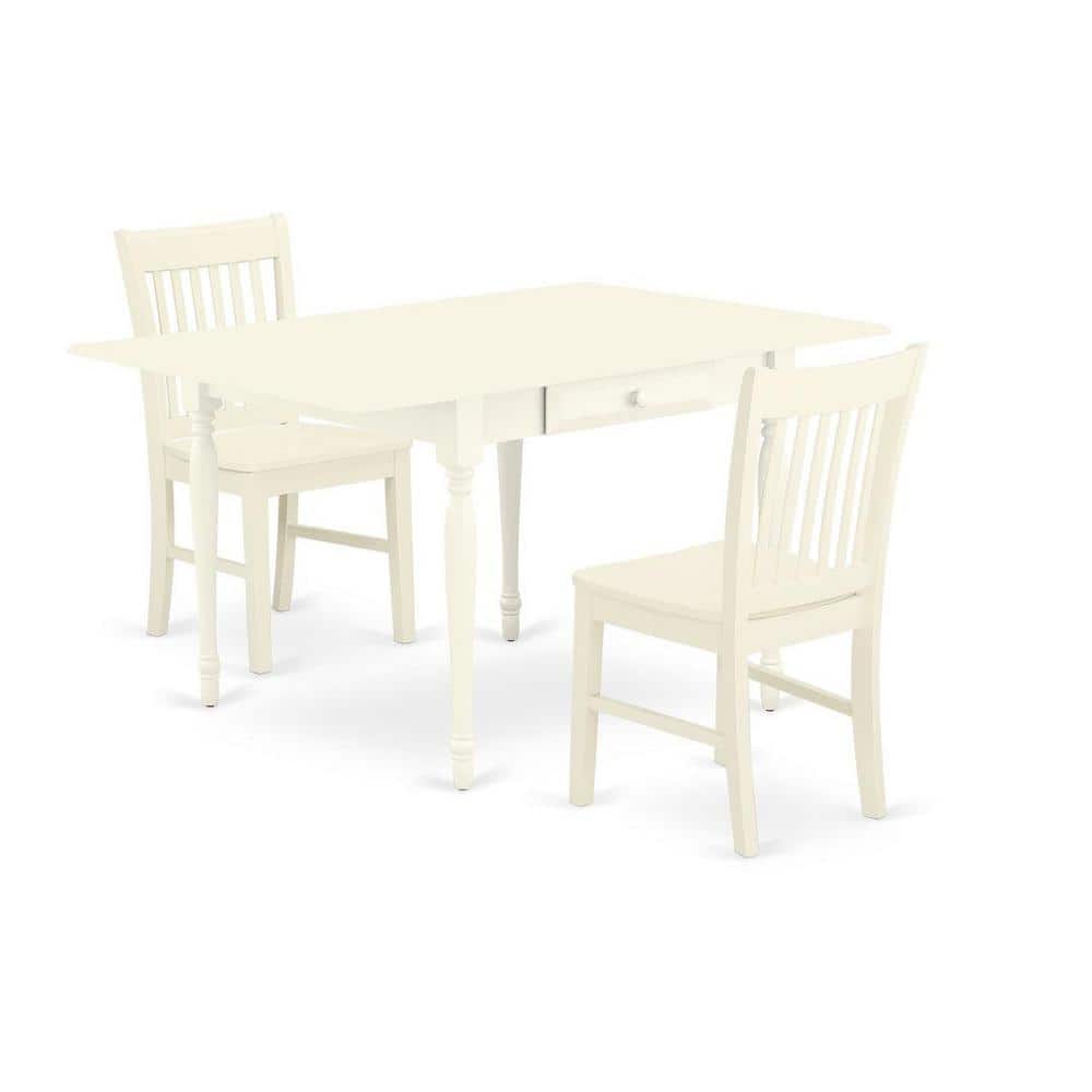 3-Piece Linen White Finish Rectangular Solid Wood Top With Dropleaf Dining Table Set