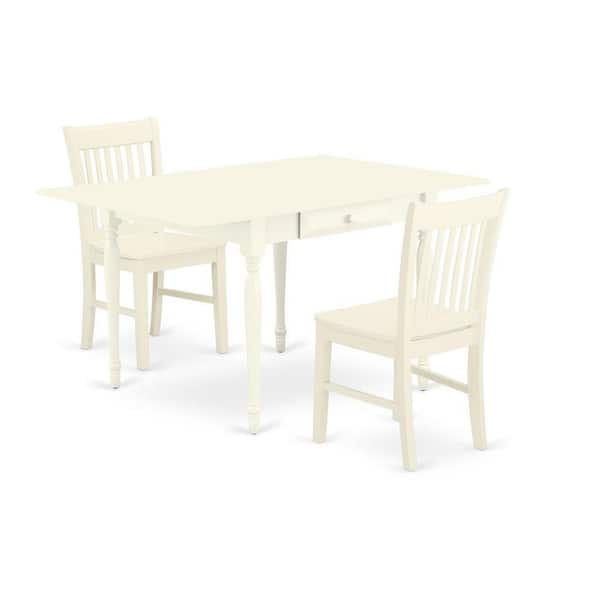 East West Furniture 3-Piece Linen White Finish Rectangular Solid Wood Top with Dropleaf Dining Table Set