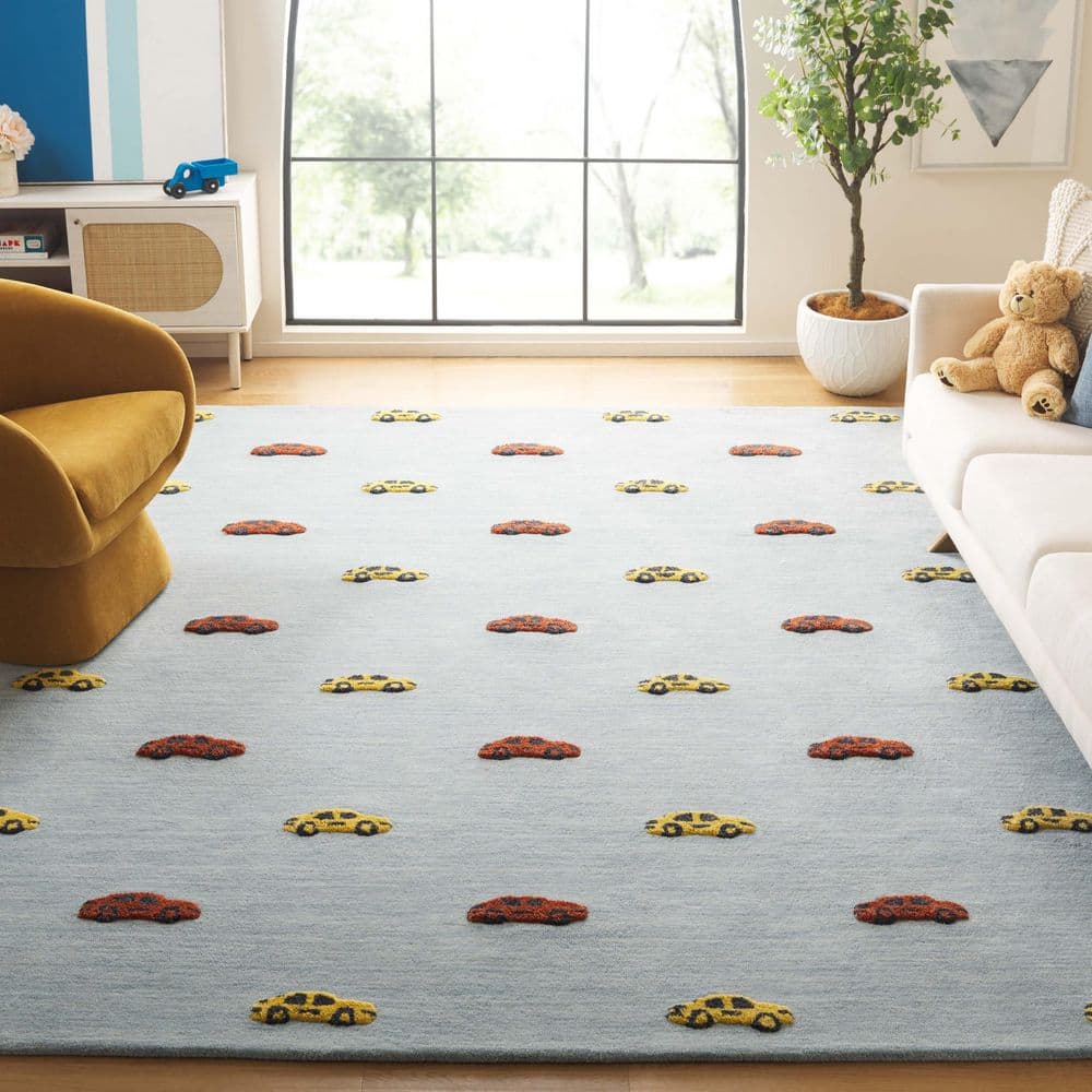 SAFAVIEH Kids 8 ft. x 10 ft. Light Blue/Yellow Mini Cars Area Rug ...
