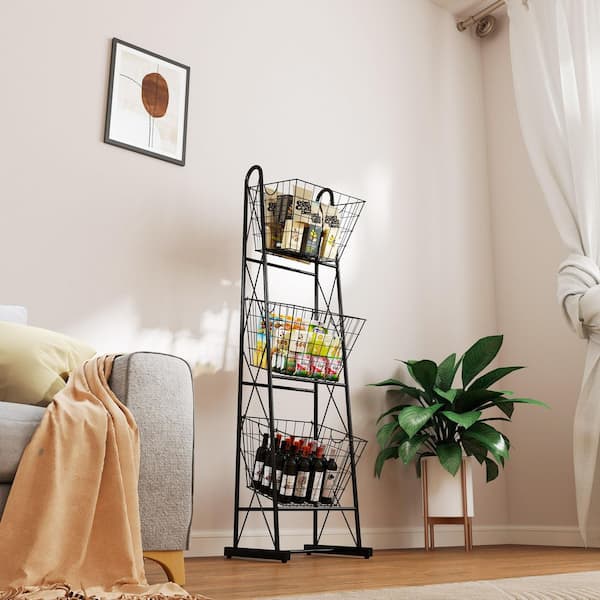 Otryad 3-Tier Kitchen Storage Basket Organizer, Freestanding Metal Wire Rack for Fruit, Vegetables, and Pantry Items in Black