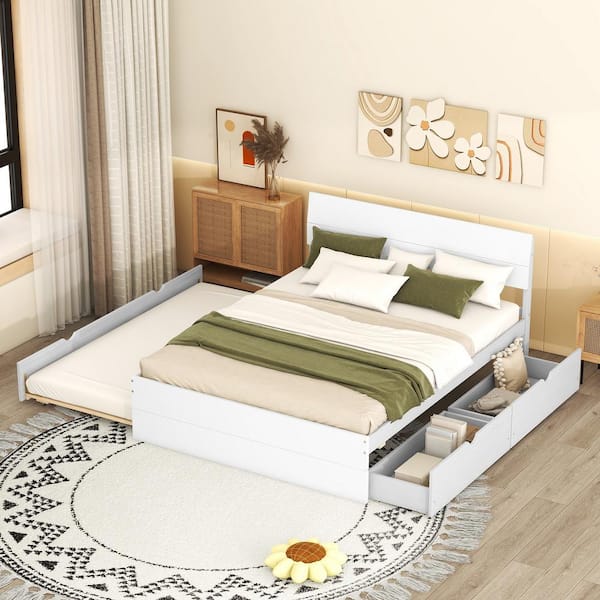 White Wood Frame Full Platform Bed with Twin Trundle 2 Drawers