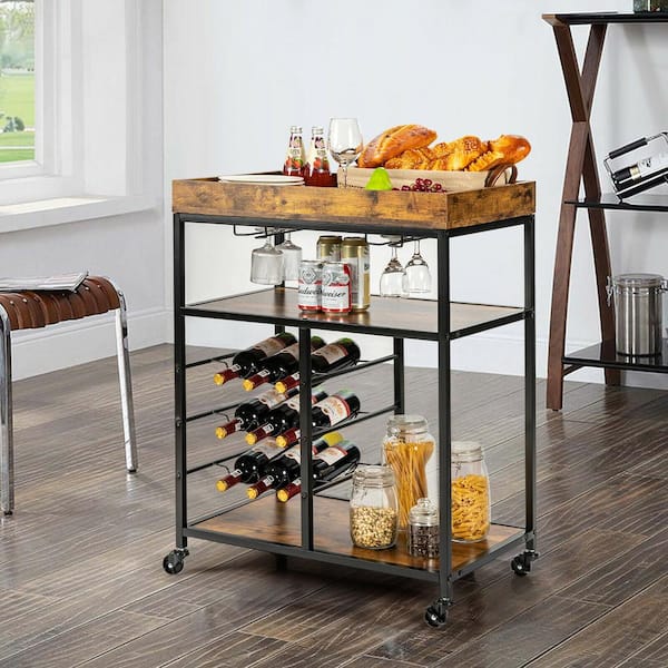 Gymax 3-Tier Rolling Kitchen Serving Cart Utility Trolley w/Wine