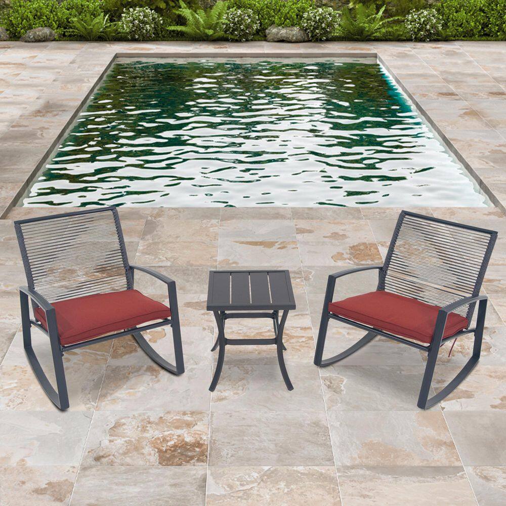 3-Piece Metal ‌All-Weather Patio Conversation Set, Rocking Chairs with Red Machine-Washable Cushions and Coffee Table price history on PriceWatchPro