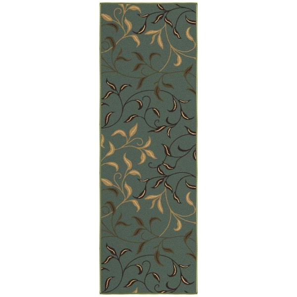 Ottohome Collection Non-Slip Rubberback Leaves 2x5 Indoor Runner Rug, 1 ft. 8 in. x 4 ft. 11 in., Dark Seafoam Green