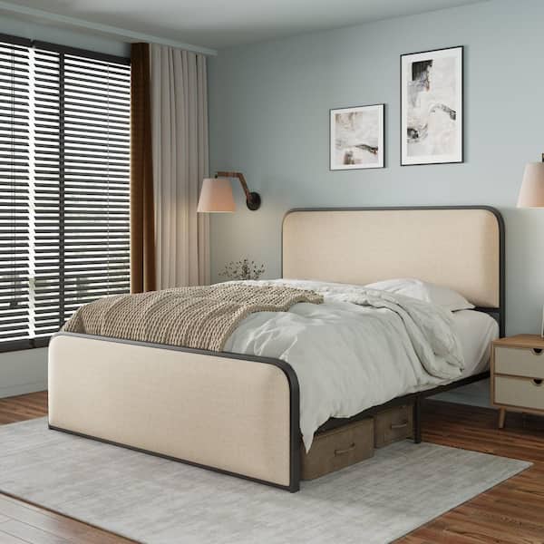 Alison Beige Metal Frame Queen Size Platform Bed with Curved Upholstered Headboard, Footboard, Under Bed Storage