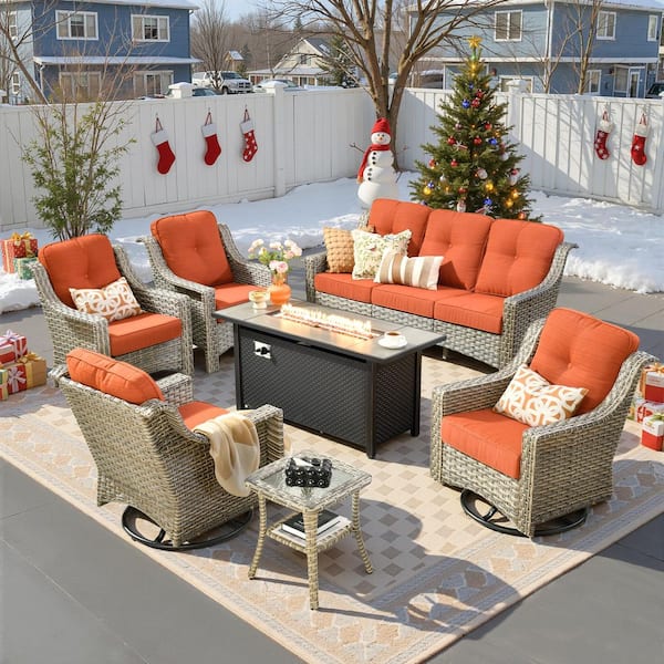Eureka 7-Piece Wicker Patio Conversation Sofa Swivel Chair Set with Metal Fire Pit Table and Orange Red Cushions