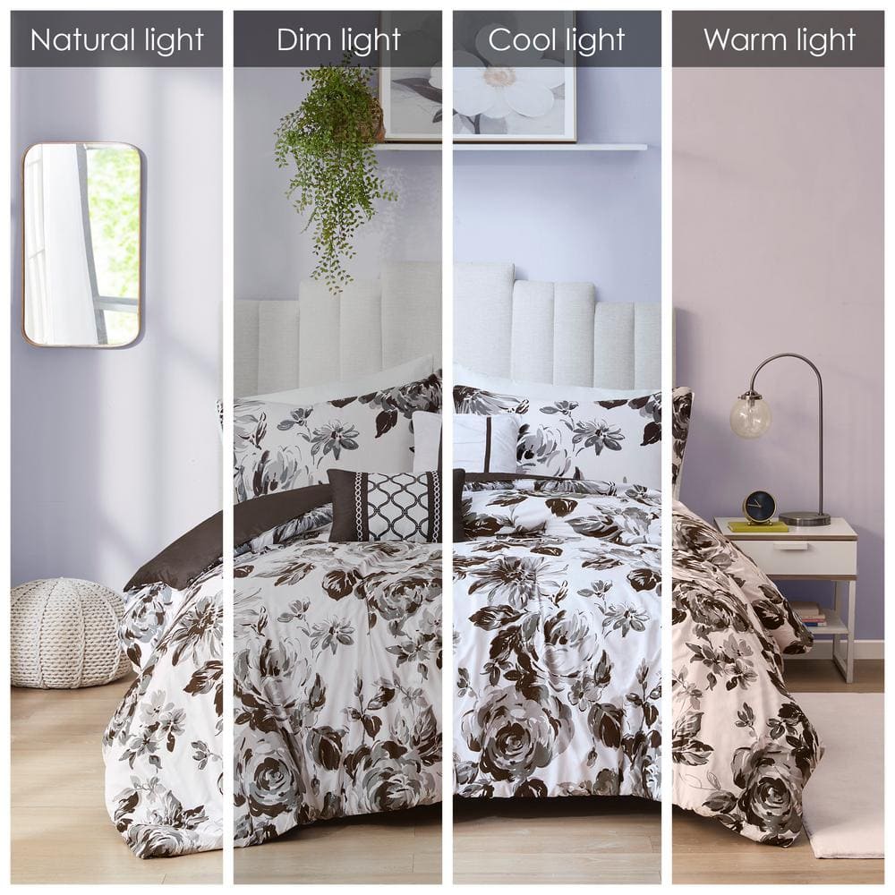 King Black and White Microfiber Reversible Floral Comforter Set