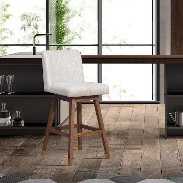 Basila 36.5 in. Product Height Brown Oak Swivel Wood 26 in. Seat Height Bar Stool with Beige Fabric Seat