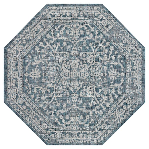 Malta Bohemian Medallion Textured Weave Teal/Gray 5 ft. Octagon Indoor/Outdoor Area Rug