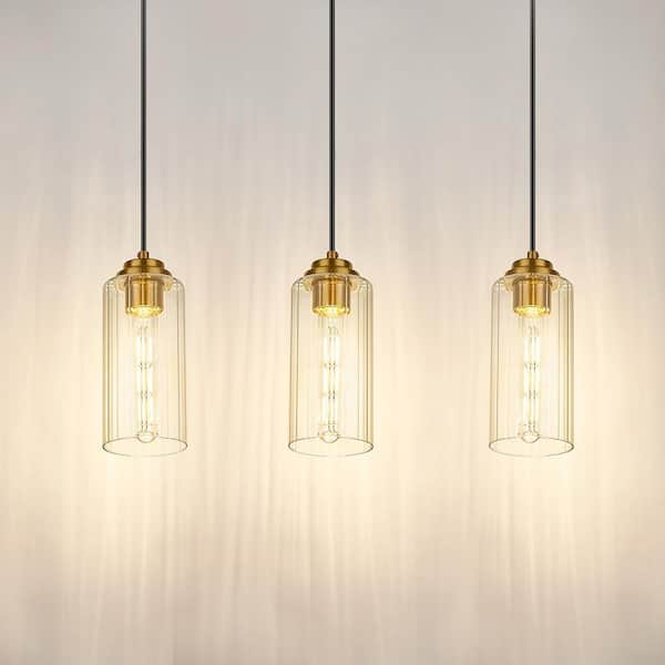 Modern 1-Light Gold Pendant Light with Clear Striped Glass Shade, No Bulbs Included (Set of 3)