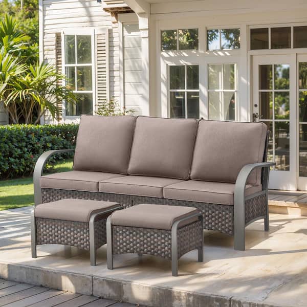 3-Piece Brown Wicker Outdoor Couch Patio Conversation Set with Olefin Gray Cushions and Ottomans