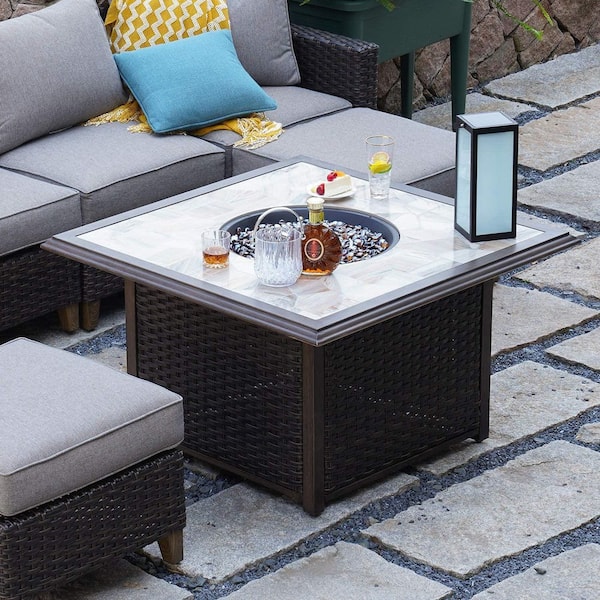 BANSA ROSE 41 in. Propane Gas Outdoor Fire Pit Table, Square Fire Table with Resin Wicker Base, Resin Wicker/Square