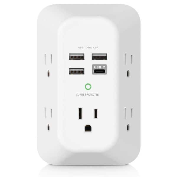 Yichuhaoxi 5-Outlet Extender Wall Adapter with 4 USB-A Ports 1 USB-C Port Surge Protector 1800J Home Travel Office