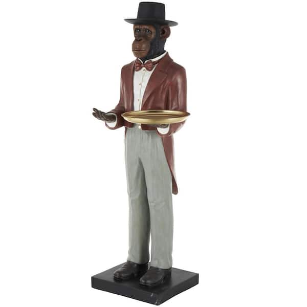 Litton Lane Red Resin Tall Waiter Monkey Sculpture with Gold Accent and Square Base