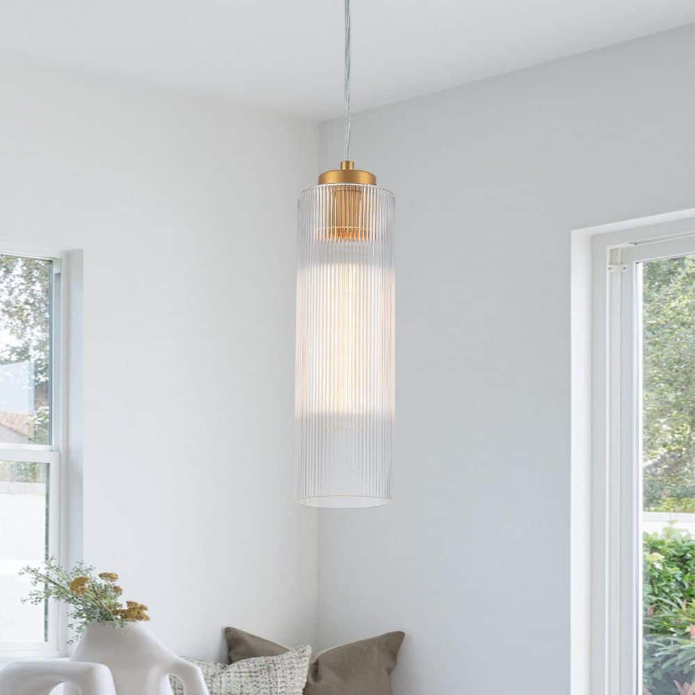 4 in. 1-Light Matte Brass Cylinder Pendant Light with Clear Ribbed Glass Shade for Bedroom price history on PriceWatchPro