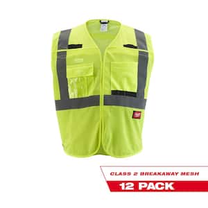 Small/Medium Yellow Class 2 Breakaway Mesh High Visibility Safety Vest with 9-Pockets (12-Pack)