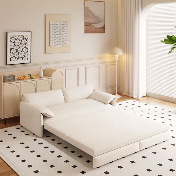 66 in. Beige White Velvet Queen Size Pull-Out Sofa Bed , 3-in-1 Convertible Sleeper Sofa with Side Storage