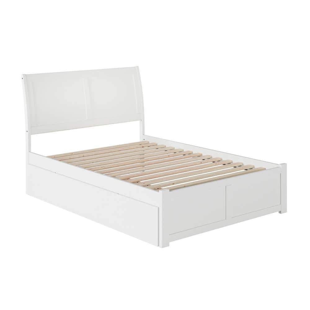 White Queen Wood Platform Bed with Trundle and Slats