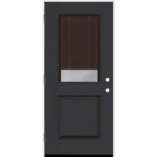 Steves & Sons Legacy 30 in. x 80 in. 1/2 Lite Clear Glass Mocha Miniblind RHOS Black Finish Fiberglass Prehung Door w/6-9/16 in. Jamb
