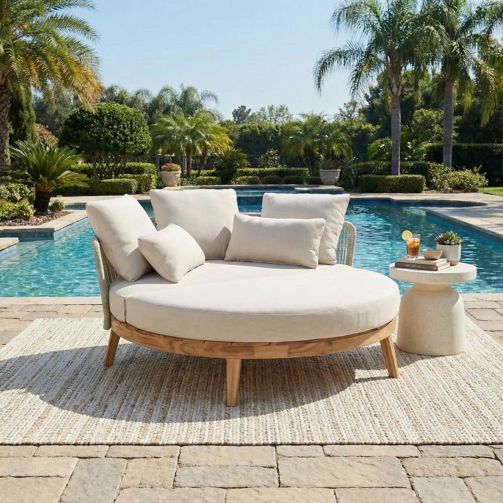 Teak Finish Solid Acacia Wood Outdoor Round Day Bed with Beige Cushions and Beige Rope Backrests price history on PriceWatchPro