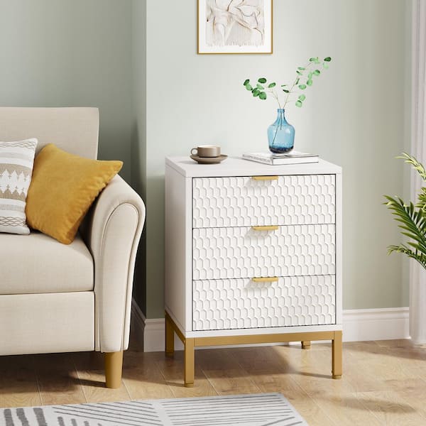 Byblight 19.7 In. W Fenley White And Gold 3-drawer Nightstand Bedside 