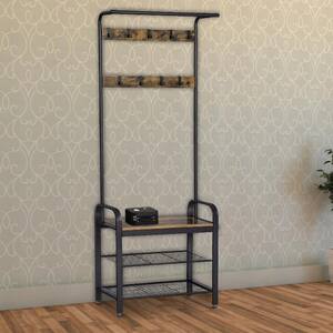 Brown and Black Metal and Wood Framed Coat Rack with Multiple Hooks and Storage Shelves