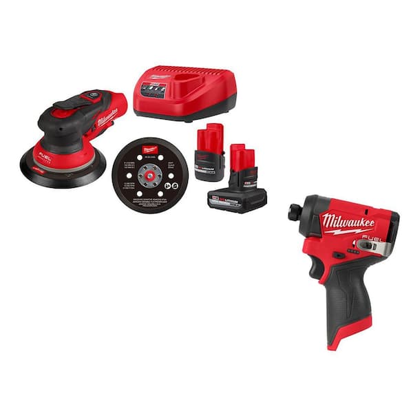 M12 FUEL 12-Volt Li-Ion Brushless Cordless 6 in. Random Orbital Sander Kit (3/16 in) w M12 Batteries & M12 Impact Driver