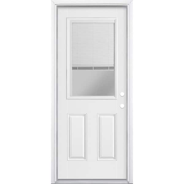 Masonite 32 in. x 80 in. Left Hand Inswing 1/2 Lite Mini Blind Primed Smooth Fiberglass Prehung Front Door with Brickmold
