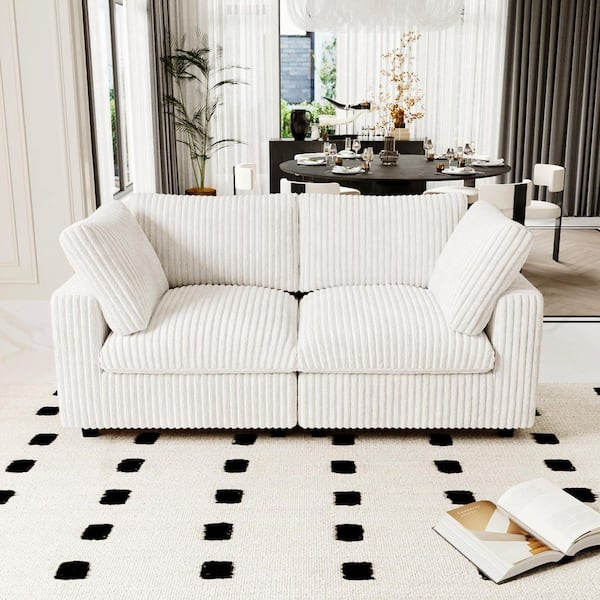 Oversized 79 in. Faux Rabbit Fur Velvet Down 2-Seater Loveseat Modern Cloud Sofa Couch with Washable Covers in White