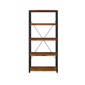 54 in. Oak and Black Wood Standard Bookshelf with Metal Frame and 5 Wooden Shelves