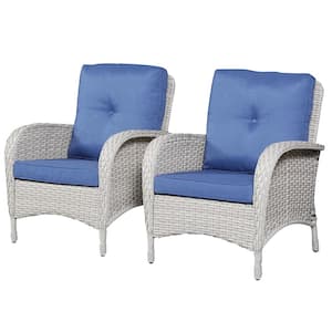 Wicker Gray Beige Outdoor Patio Flat Handrail Lounge Chair with CushionGuard Cushions in Blue 2-Piece