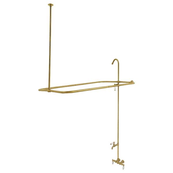 Kingston Brass Vintage 4-Handle Wall-Mount Clawfoot Tub Faucet with Shower Enclosure and Riser in Brushed Brass