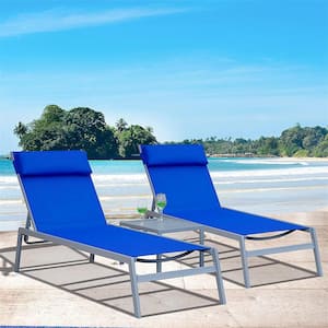 Adjustable Back Grey Frame 3-Piece Metal Outdoor Chaise Lounge with Pillow and Table in Blue