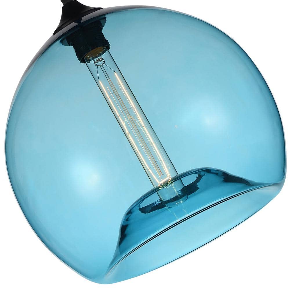 Contemporary Mini Bowl Glass Pendant in Blue with Matte Black Base