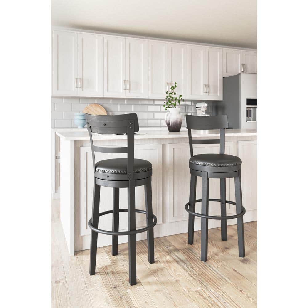 Transitional Black Wood Swivel Barstool with Nailhead Trim